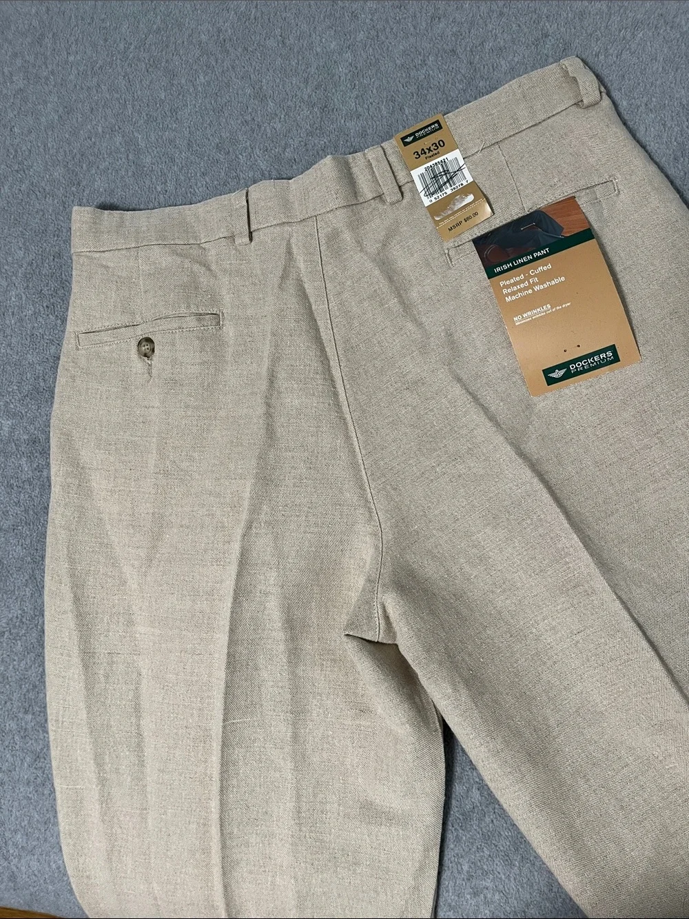 Dockers Irish Linen Pants Mens 34 Relaxed Pleated Cuffed